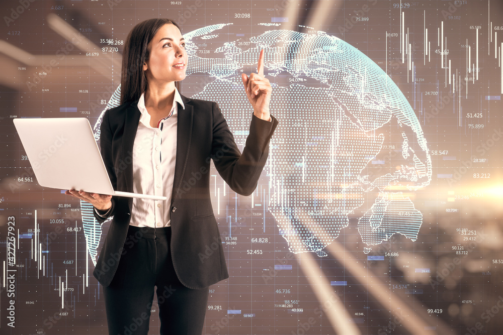 Poster Global trading and stats data concept with satisfied businesswoman on digital world map and financial graphs