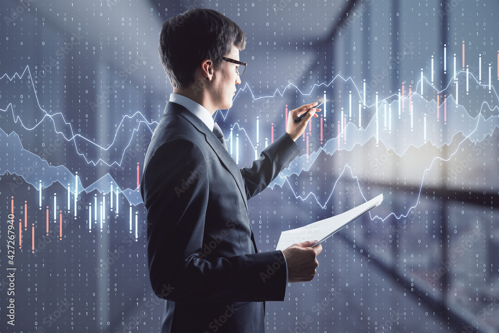 Poster forex market concept with trader analysing financial chart graphs on digital wall
