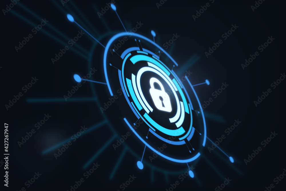 Poster Cyber security concept with digital lock in glowing blue circles with rays on abstract dark background
