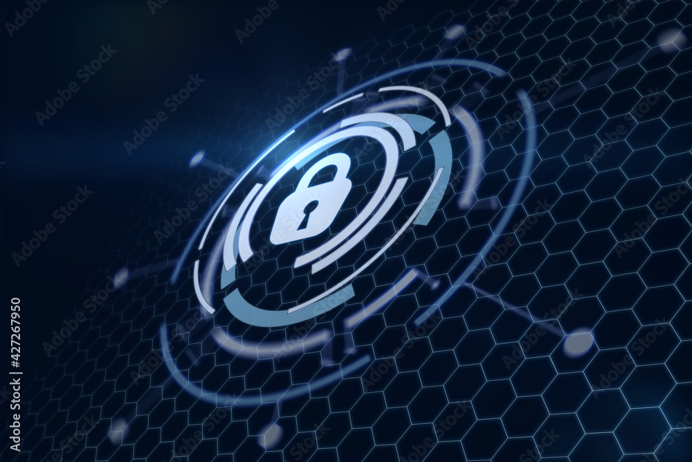 Aufkleber Data protection and security concept with virtual lock sign in glowing circles on abstract polygonal net background