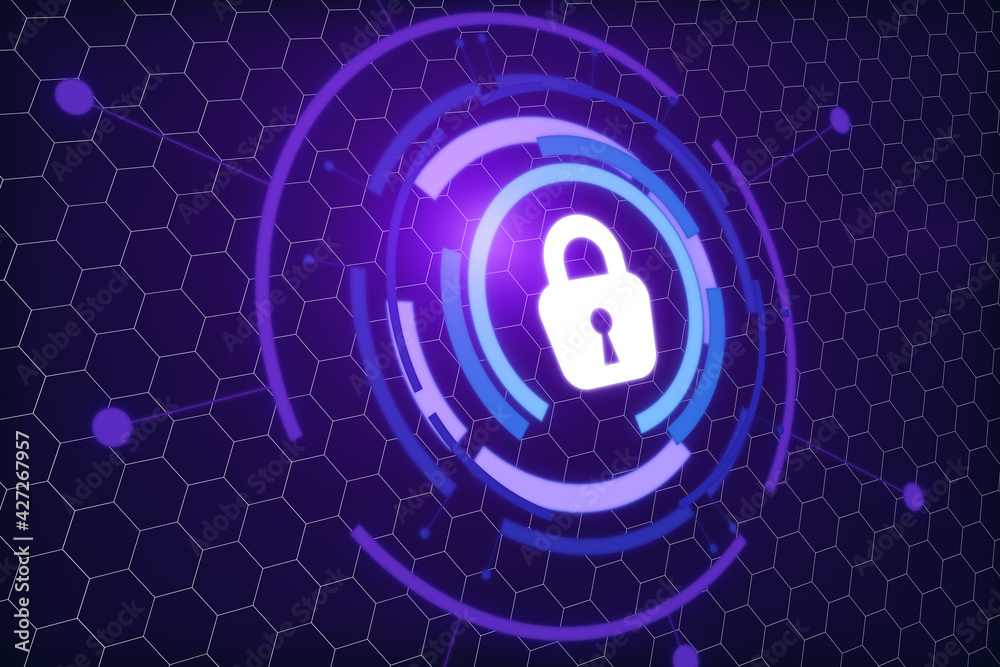 Poster personal data security concept with digital lock sign in glowing purple shadows circles on abstract 
