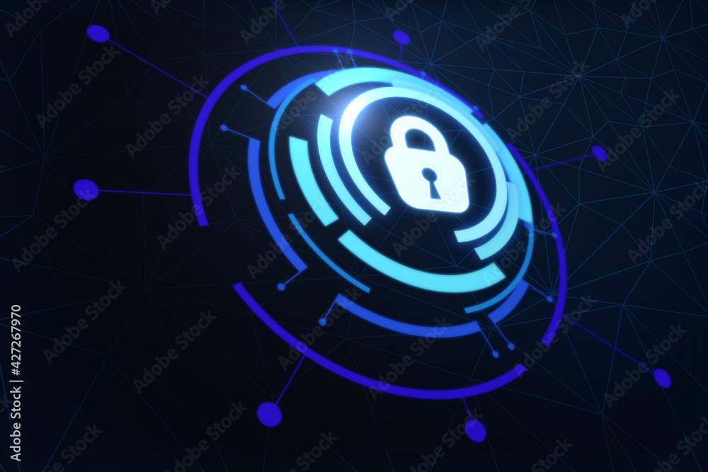 Poster network protection concept with digital lock sign and circles around on abstract dark background