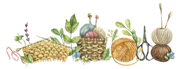 Watercolor set for knitting - yarn, scissors, balls of knitting needles, threads, flowers. Hand-drawn, isolated on a white background.