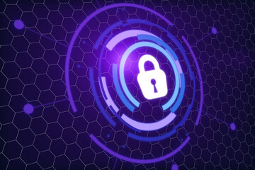 Personal data security concept with digital lock sign in glowing purple shadows circles on abstract polygonal backdrop