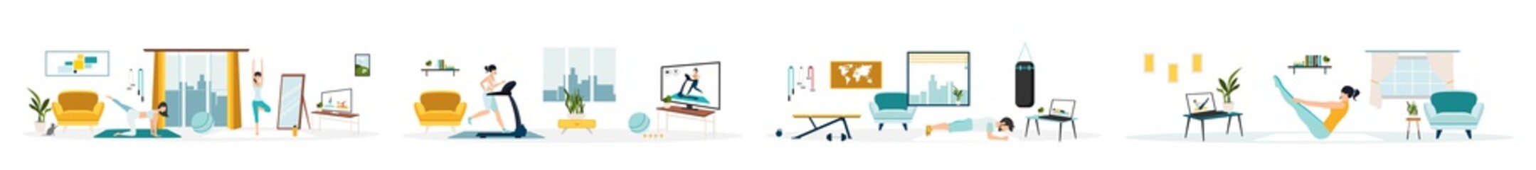 workouts online, set. Stay at home. keep fit. A positive girl and a man are doing exercises on a laptop and a monitor. Healthy lifestyle. Coronavirus quarantine isolation. Vector illustration.