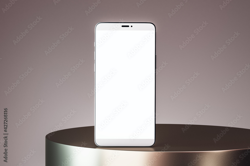 Poster empty white cell phone screen on round metallic podium on abstract background, 3d rendering, mockup
