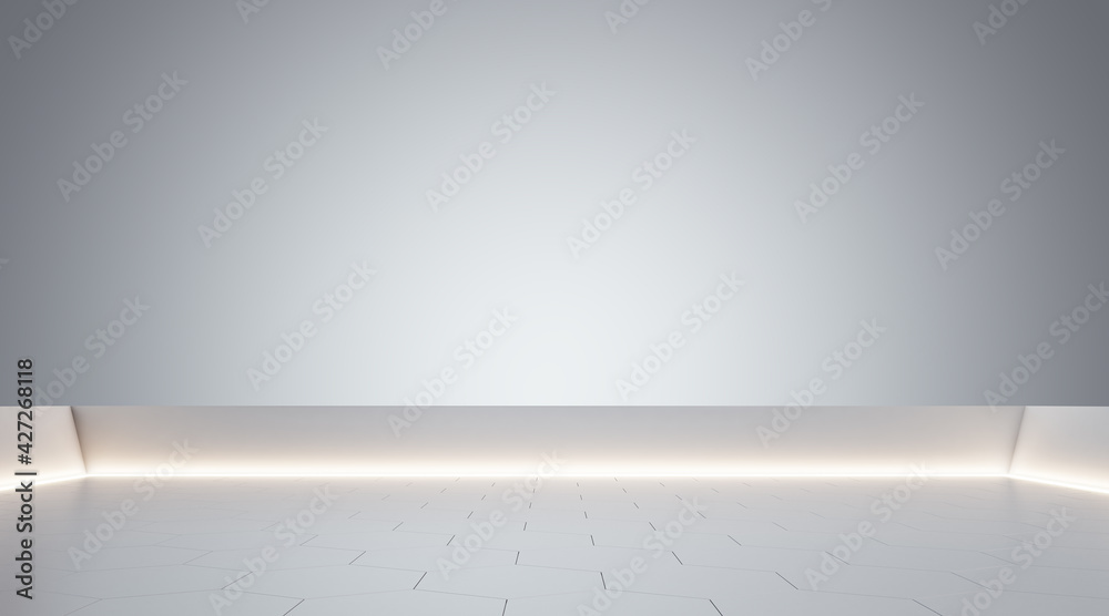 Poster Light futuristic design square with polygonal tiles floor and, glowing lines and blank wall with place for your presentation, 3D rendering, mock up