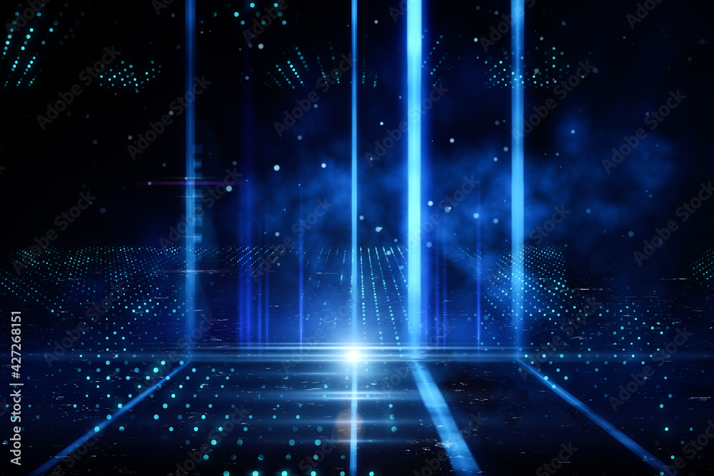 Poster big blue columns of light glowing in the dark with smoke, disco and show concept. 3d rendering