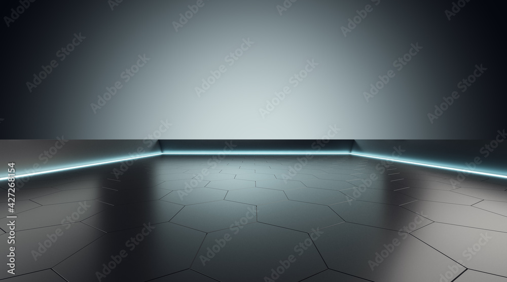 Poster futuristic square with glowing elements, blank wall with backlight and honey combs tiles floor, 3d r