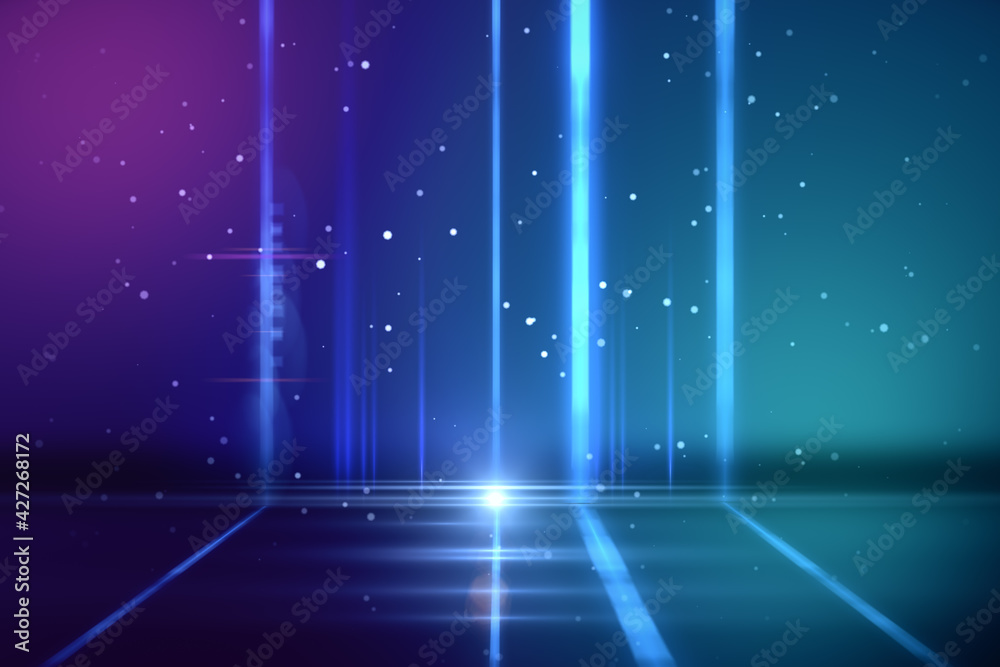 Poster big blue columns of light glowing in the dark with smoke, dark background, neon lights, disco and sh