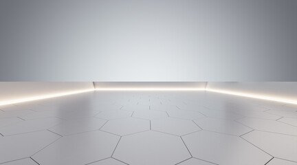 Ceramic polygonal tiles floor in stylish hall square with glowing light on board at light blank...