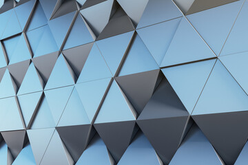 Modern backdrop with dark metallic and mirror effect triangles, 3D rendering, mock up