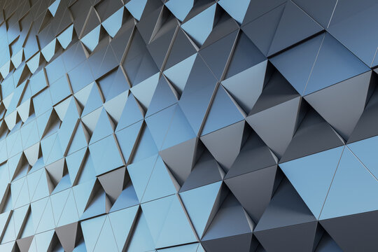 Abstract stylish wallpaper from metallic effect dark volumetric triangles, 3D rendering, mockup