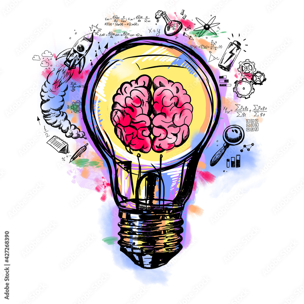 Poster brain inside a lightbulb colorful sketch on a white background. idea and innovation concept, 3d rend