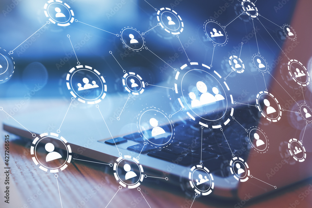 Poster Social network concept with digital application media icons connected by lines on opened laptop background