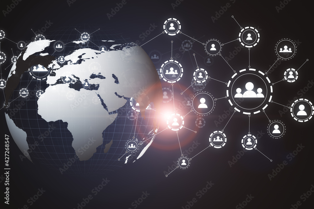 Aufkleber Globe icon with muptiple small application icons near it on a dark background. Worldwide web and social communication concept, 3d rendering