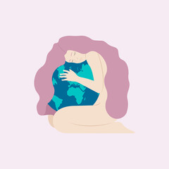 Young woman embraces green planet Earth with care and love. Vector illustration of Earth day and saving planet. Environment conservation and energy saving concept