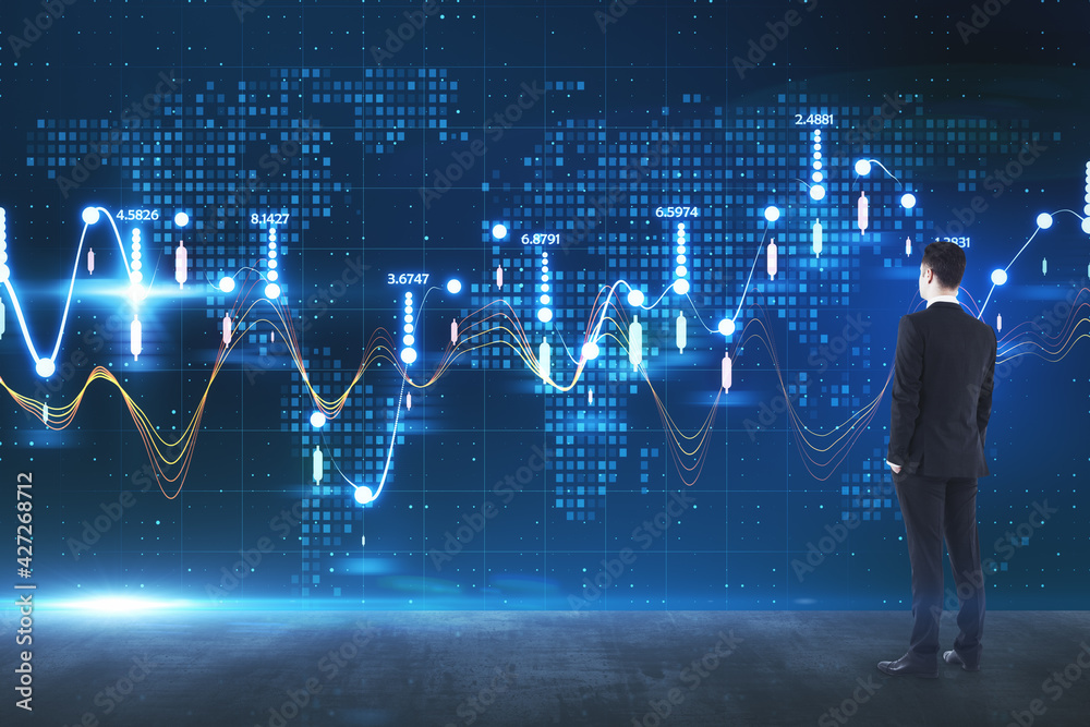 Aufkleber Big data statistical method concept with businessman looking at virtual screen with stats data indicators on background