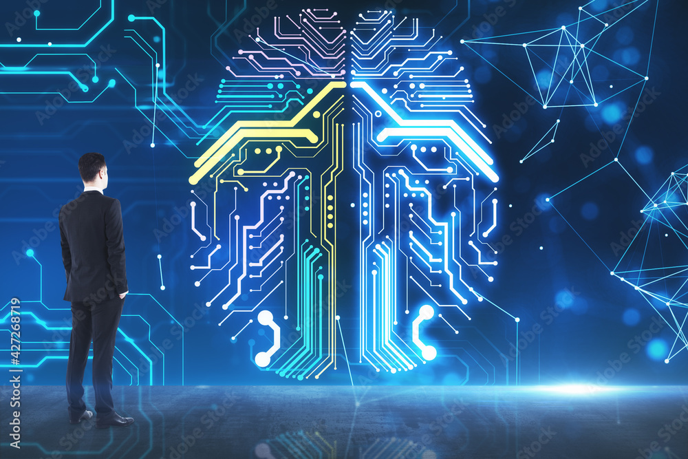 Poster machine learning concept with businessman looking at screen with circuit human brain silhouette