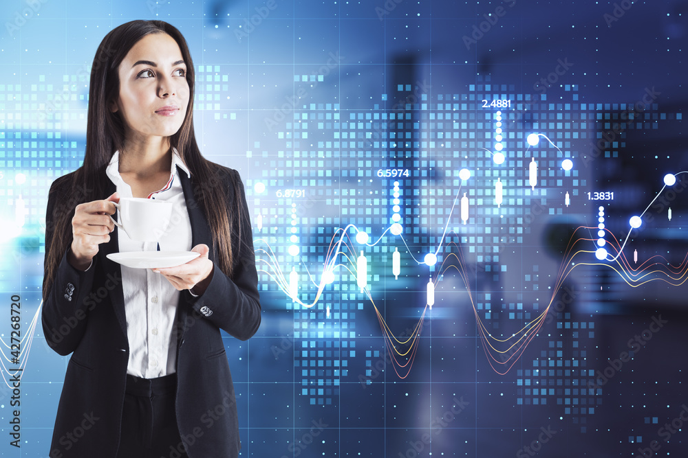 Poster Analytics report concept with satisfied businesswoman with coffee cup on digital screen with stats data indicator background