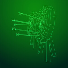 Archery target. Arrows hit round target goal concept. Wireframe low poly mesh vector illustration