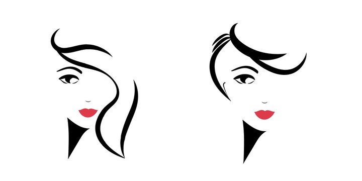 Set with portraits of girls ' faces isolated on a white background. Women with strands of black vet hair and red lips. Suitable for logo, sticker, background, banner, social media