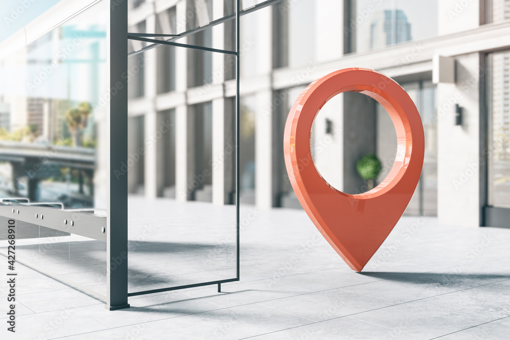 Poster navigation and geo location concept with big red pin location mark on bus stop station on sunny city