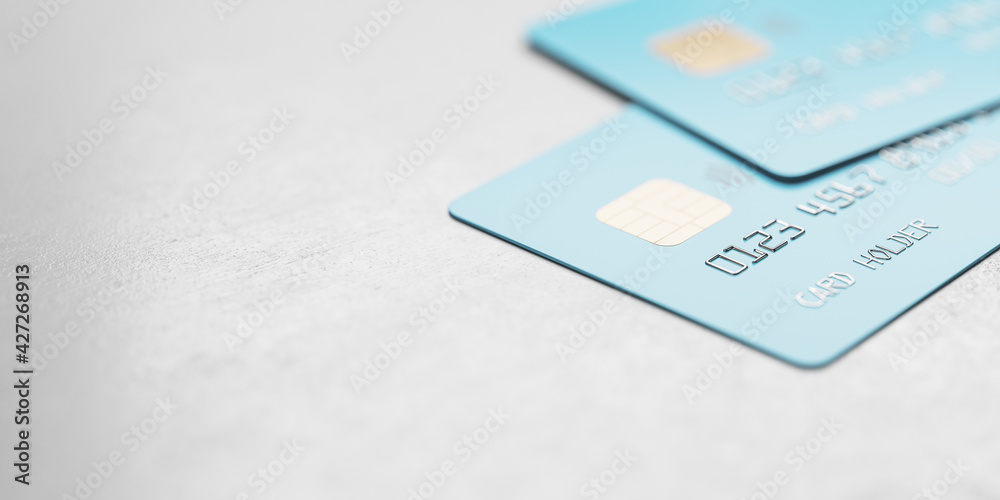 Poster online shopping concept with blue credit cards on abstract light surface with copyspace, 3d renderin