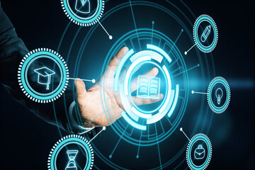 Hand touching the book hologram with rays and application icons on a dark blue background. Online communication and education concept