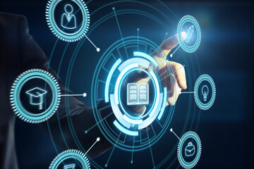 Hand touching the book hologram with rays and application icons on a dark blue background. Online communication and education concept