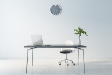 Cold shadows interior design of home office waork place with modern laptop on dark marble table,...