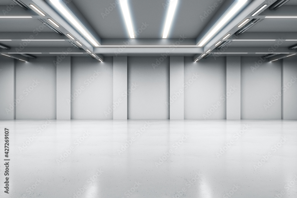 Poster Industrial design project empty hall with led lights on top, grey walls and glossy concrete floor. 3D rendering, mock up