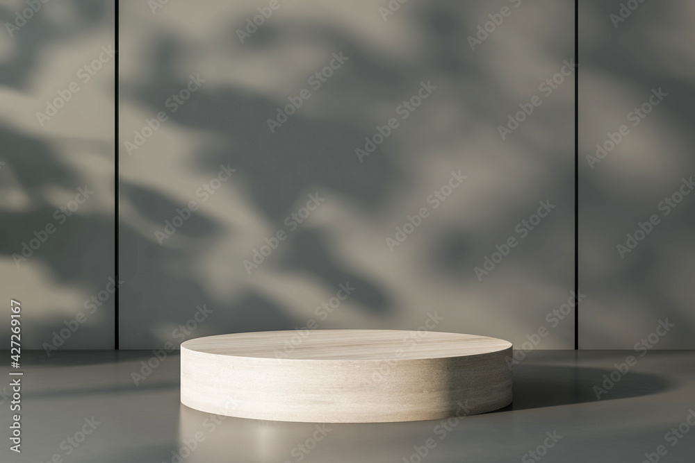Poster light wooden round stand with copyspace on glossy surface at sunset wall background. 3d rendering, m