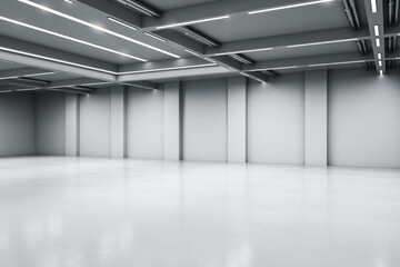Empty big white room with concrete floor and walls, artificially lighted, showroom and exhibition interior design concept, 3d rendering, mock up