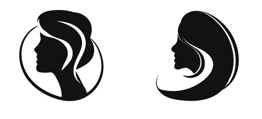 Set with two portraits of female faces and strands of hair in profile isolated on a white background. Different hairstyles in the silhouettes of girls. Vector illustration.