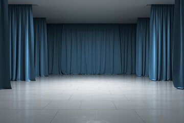 Empty gallery, stage with blue curtains, concrete floor and ceiling, illuminated artificially, front view, exhibition and showroom concept. 3d rendering, mock up