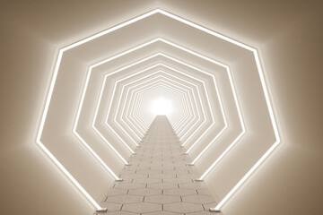 Long beige tunnel with many fluorescent lamps and light in the end, bright setting. Showroom and exhibition concept, 3d rendering