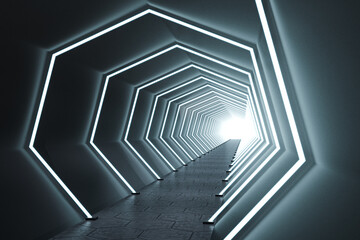 Long dark tunnel with many fluorescent lamps and light in the end, dark setting, corner view....