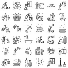 Cleaning and disinfection icon set. Washing linen, picking up garbage, wash his hands. Simple vector icons, isolated, Outline, for web application. Concept of purity and freshness.