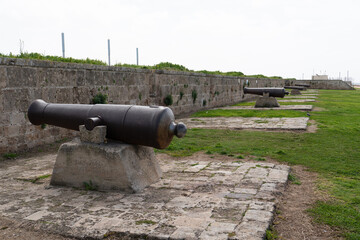 Cast iron Napoleon era cannons and heavy defensive wall part of fortification of an ancient city wall, built around 1800–1814 by Jazzar Pasha, left, Akko, Acer, Israel - obrazy, fototapety, plakaty