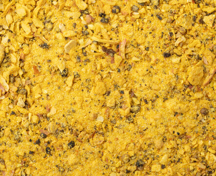Top view, closeup of lemom pepper seasoning. Food backdrop