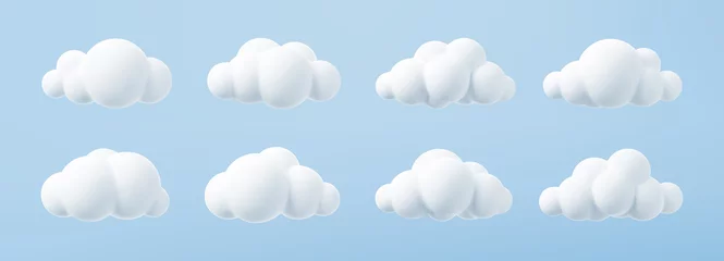 Foto op Aluminium White 3d clouds set isolated on a blue background. Render soft round cartoon fluffy clouds icon in the blue sky. 3d geometric shapes vector illustration © janevasileva