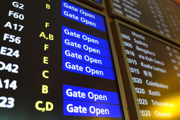 Close up airport flight connection information board. Punctuality concept.
