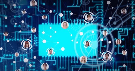 Composition of network of people's photographs over computer processor circuit board