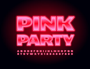 Vector bright flyer Pink Party. Illuminated Light Font. Glowing Alphabet Letters and Numbers set