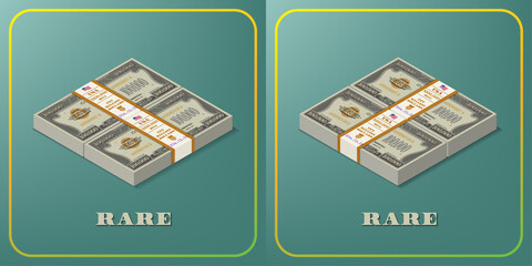 3D set of rare US paper money in different projections. Bundles of banknotes in denominations of 100000 dollars. Shadows and frame on green background