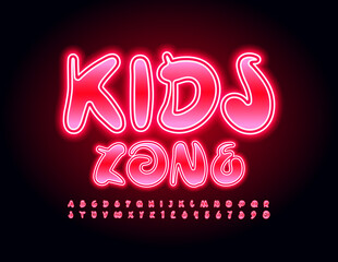 Vector bright banner Kids Zone. Handwritten Red Font. Glowing Alphabet Letters and Numbers set