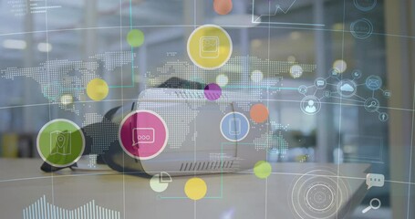 Animation of digital icons over world map and vr headset in background - Powered by Adobe
