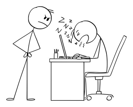 Boss Looking at Employee Sleeping at Work, Vector Cartoon Stick Figure Illustration