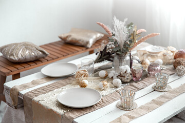 Home table setting for Easter celebration with decorative elements.